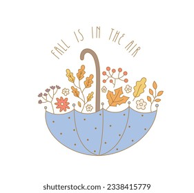 La caída está en el aire. Ilustración vectorial con flores en el paraguas. Impresión de otoño con hojas, letras.