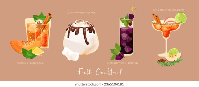 Fall alcohol cocktails vector set. Autumn four drink beverage glass with apple, pumpkin, blackberry, lime, bourbon, vodka, rum, whiskey, marshmallow, spice, cinnamon. Everything you need for party