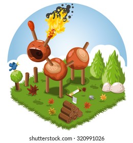 Fall animal made out of chestnuts and matches with burning ear in a little garden with mushrooms
