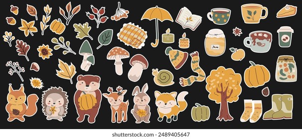 Paquete de animales de otoño con hojas y otros artículos de temporada y ropa, cosas. Los niños forestan animales silvestres con Elementos Clipart de cosecha. Conjunto grande dibujado a mano de pegatinas de otoño.