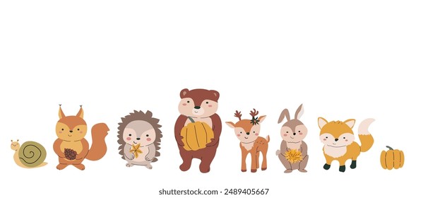 Herbsttiere Paket mit Blättern und anderen saisonalen Artikeln und Kleidung, Dinge. Kinder Waldwildtiere mit Ernte Clipart Elemente. Handgezeichnetes großes Set von Herbstaufklebern.