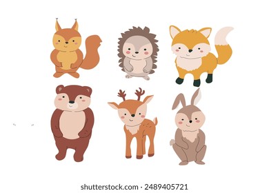Fall animals bundle with leaves and other seasonal items and clothes, things. Childrens forest wild animals with harvest clipart elements. Hand drawn big set of autumn stickers.