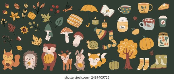 Paquete de animales de otoño con hojas y otros artículos de temporada y ropa, cosas. Los niños forestan animales silvestres con Elementos Clipart de cosecha. Conjunto grande dibujado a mano de pegatinas de otoño.