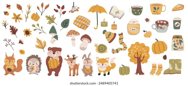 Fall animals bundle with leaves and other seasonal items and clothes, things. Childrens forest wild animals with harvest clipart elements. Hand drawn big set of autumn stickers.