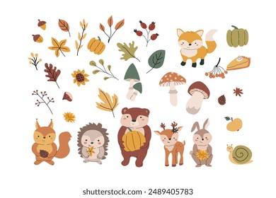 Fall animals bundle with leaves and other seasonal items and clothes, things. Childrens forest wild animals with harvest clipart elements. Hand drawn big set of autumn stickers.