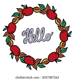 Fall apple wreath with yellow and green leaves , lettering Hello for autumn card or invite 