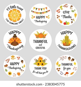 Fall appreciation Thank you gif tags with typography messages. Printable bundle of Thanksgiving round stickers. Thanksgiving badges and labels vector design elements set.  Fall designed autumn labels.