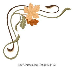 Fall Art Nouveau Corner. Seasonal Vintage frame with maple and oak leaves. Vector.