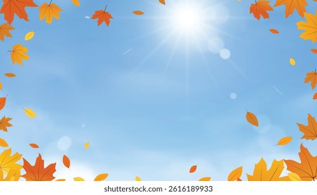 Fall Autumn Background With Abstract Blue Sky, Brown Leaves And Warm Orange Nature Landscape, September Backdrop Template And Vector Illustration For Banner Design, Yellow Beige Seasonal Foliage Art
