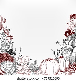 fall autumn card vector illustration sketch style leaves pumpkin chrysanthemums deadwood physalis  thanksgiving