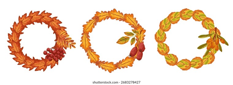 Fall autumn circle frame with orange leaves and forest berry. Cozy wreath in flat style with noise texture