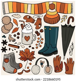 Fall Autumn Cozy Outfit Doodle linear colorful vector seasonal illustration set for web digital projects and bullet journal isolated on light background 