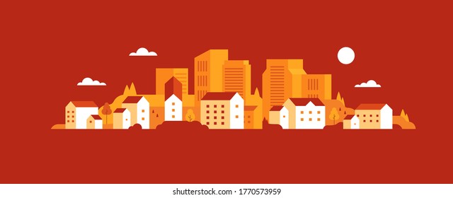 Fall. Autumn. Cute houses background. Flat style. Vector