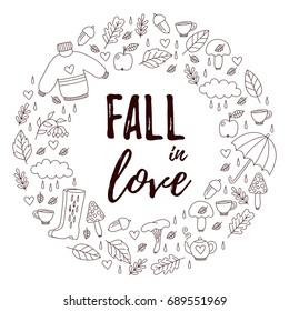 Fall autumn doodle icons round vector frame line seasonal symbols