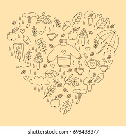 Fall autumn doodle icons vector set heart shape