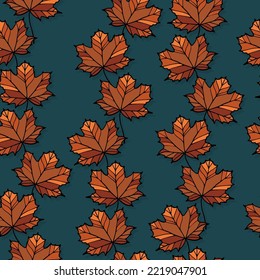 Herbst-Herbst-Doodle-Orange-Ahorn Blätter lineare bunter Vektorgrafik nahtlose Muster einzeln auf dunklem Hintergrund 
