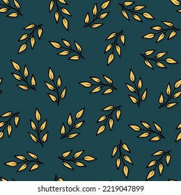 Fall Autumn Doodle Yellow Birch Branches linear colorful vector seasonal seamless pattern isolated on dark background 