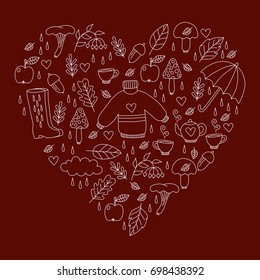 Fall autumn doodles vector set in heart frame shape