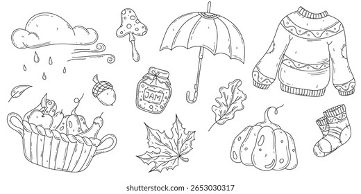 Otoño dibujado a mano conjunto en estilo doodle. Esquema de la colección temática. Elementos de trazo editable aislados sobre fondo blanco