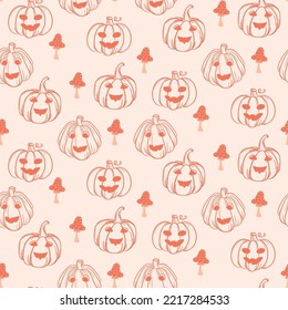 Fall Autumn harvest pumpkins orange seamless pattern background. Cute hand drawn pumpkins with mushrooms
