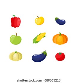 Fall, autumn harvest set - pumpkin, corn, eggplant, bell pepper, tomato and apples, cartoon vector illustration isolated on white background.