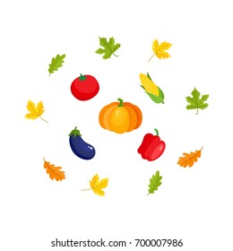 Fall, autumn harvest set - pumpkin, corn, eggplant, bell pepper, tomato, oak and maple leaves, cartoon vector illustration isolated on white background. Cartoon falling leaves and ripe vegetables