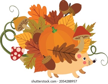 Fall autumn hedgehog with leaves and pumpkin
