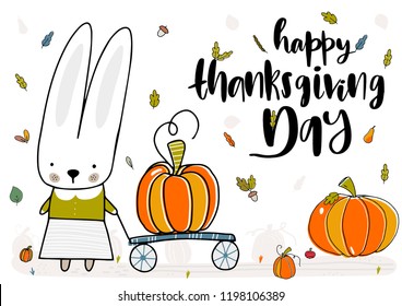 Fall, autumn illustration . Honey carries a pumpkin. Happy Thanksgiving day. Vector