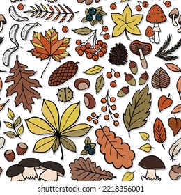Fall Autumn Leaves Outdoor Doodle linear outline colorful vector seasonal seamless pattern on white background 