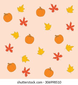 Fall autumn leaves with pumpkin seamless background vector design illustration.