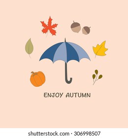 Fall autumn leaves with umbrella vector design illustration.