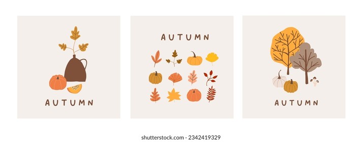 Plantilla de póster de la tarjeta de saludo con ánimo de otoño. Bienvenidos a la temporada de calabazas de otoño, una invitación. Hojas de postales minimalistas de septiembre, árboles. Ilustración vectorial en estilo de dibujos animados planos