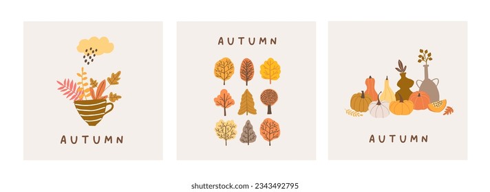 Fall autumn mood greeting card poster template. Welcome autumn pumpkin season thanksgiving invitation. Minimalist postcard september leaves, trees. Vector illustration in flat cartoon style