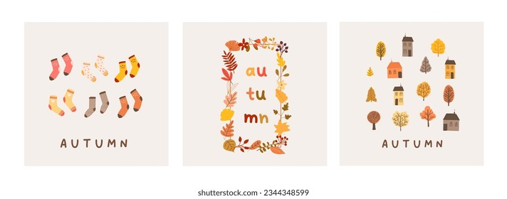 Fall autumn mood greeting card poster template. Welcome autumn season thanksgiving invitation. Minimalist postcard september leaves, trees, cozy houses. Vector illustration in flat cartoon style