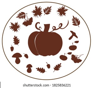 Fall, autumn. Mushrooms. Leaves. Maple. Oak. Pumpkin. Rowan. An Apple. September. October. November. Set of autumn vector isolated images.