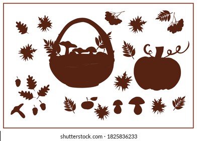 Fall, autumn. Mushrooms. Leaves. Maple. Oak. Pumpkin. Rowan. An Apple. September. October. November. Set of autumn vector isolated images.