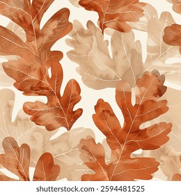 Fall Autumn Orange Brown Oak Eucalyptus Leaf Foliage Watercolor Abstract Scandinavian Design Seamless Pattern Wallpaper Curtain Bedding Background Upholstery Gift Wrapping Paper Vector