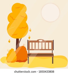 
Fall. Autumn park, bench next to the tree. Gold time, leaf fall. Vector illustration.