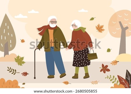 Fall, autumn in park. Elderly people outdoor activity. Aged love couple walking at nature, falling leaves. Old man and woman in warm clothes. Forest, october and november defoliation. flat vector