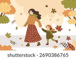 Fall, autumn park, parent and kid. Family outdoor activity. Mother and daughter walking in forest, falling leaves. People in warm clothes. October and november defoliation. flat vector illustration