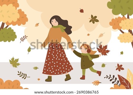Fall, autumn park, parent and kid. Family outdoor activity. Mother and daughter walking in forest, falling leaves. People in warm clothes. October and november defoliation. flat vector illustration