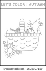 Fall Autumn printable worksheet coloring page in black and white outline illustration. Color and drawing book for children's skills