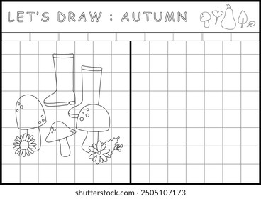 Página de Plantilla de dibujo de hoja de cálculo imprimible de otoño en ilustración de contorno en blanco y negro. Libro de color y dibujo para las habilidades de los niños