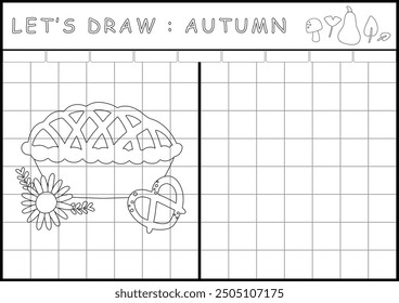 Fall Autumn printable worksheet drawing template page in black and white outline illustration. Color and drawing book for children's skills