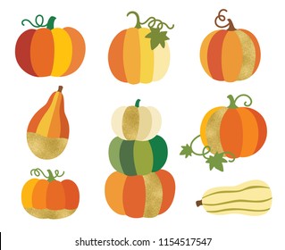 Fall or autumn pumpkin with gold accent vector illustration. Thanksgiving and Halloween decorative pumpkin graphic set.