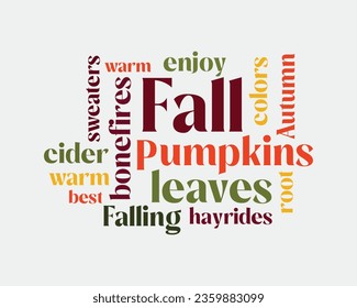 Fall Autumn Pumpkin leaves enjoy word cloud retro colorful typographic art on white background