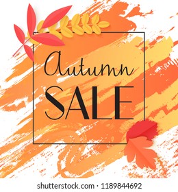 Fall autumn sale banner with paint and leaves in thin black frame vector illustration.