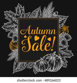 Fall autumn sale design. Autumn discount. Vector fall leaves. Vector sale poster. Hand drawn illustration with leaves, acorn, cloves, pumpkin. Can be used in business advertising, banners or posters.
