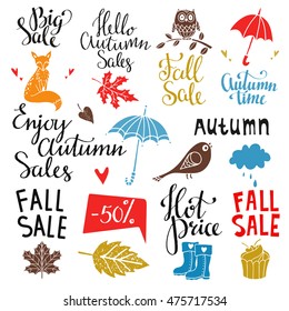 Fall, autumn sale design elements set. Fox, leaves, bird, cake, umbrella, cloud, owl, percent, shoes, hearts. Calligraphic text, handwritten. Isolated on white background