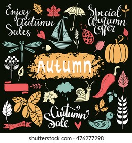 Fall, autumn sale design elements set. Leaves, pumpkin, bird, boat, umbrella, ribbon, acorn, pepper, cloud, heart, boat, snail, ladybug, berries. Isolated on black background